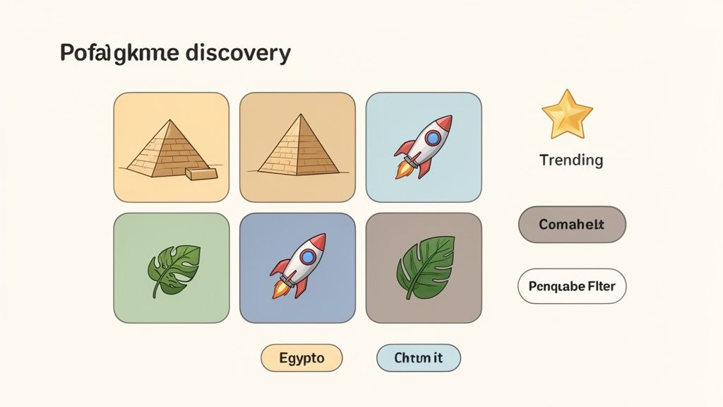 A screen displaying various cards with images of pyramids, rockets, and leaves, alongside text elements.