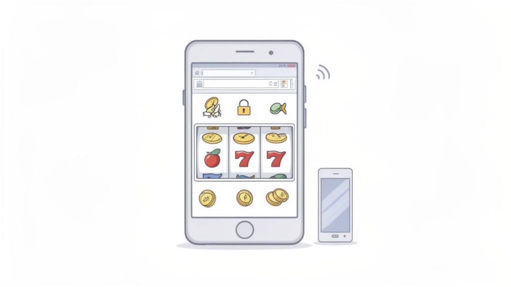 Illustration of a smartphone displaying a slot machine game, with a smaller phone nearby.