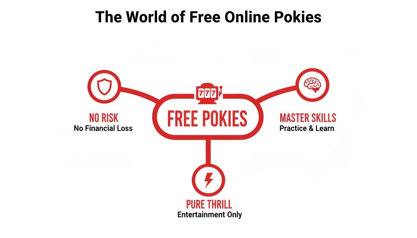 Diagram illustrating the benefits of free online pokies, highlighting no risk, skill practice, and pure thrill.