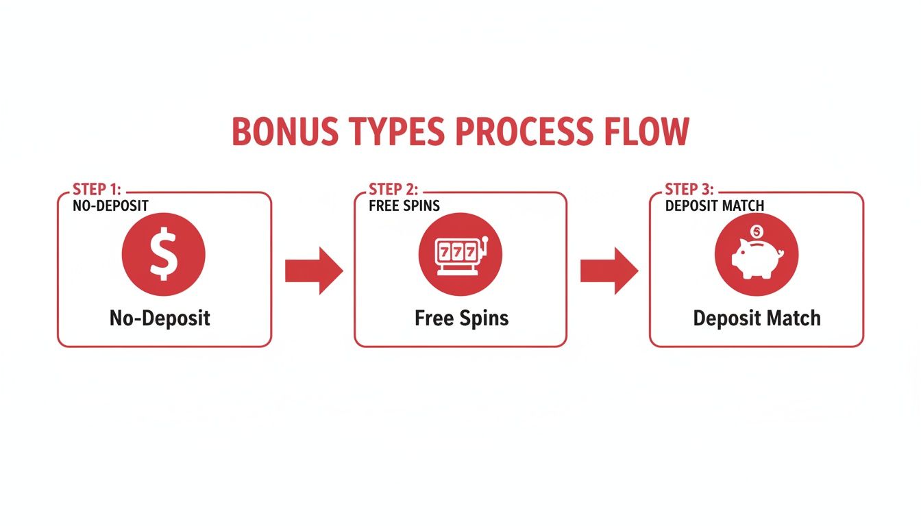 A process flow diagram illustrating three types of online gambling bonuses: No-Deposit, Free Spins, and Deposit Match.