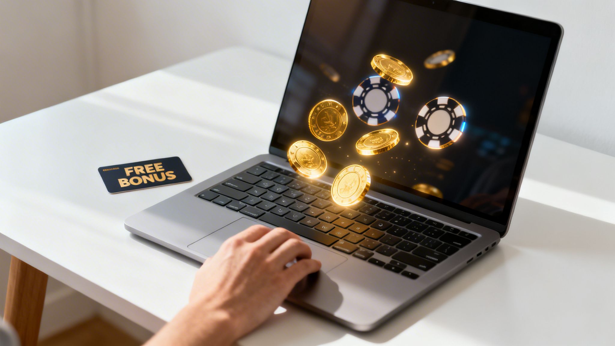 A hand interacts with a laptop displaying online casino chips and golden coins, with a 'FREE BONUS' card nearby.
