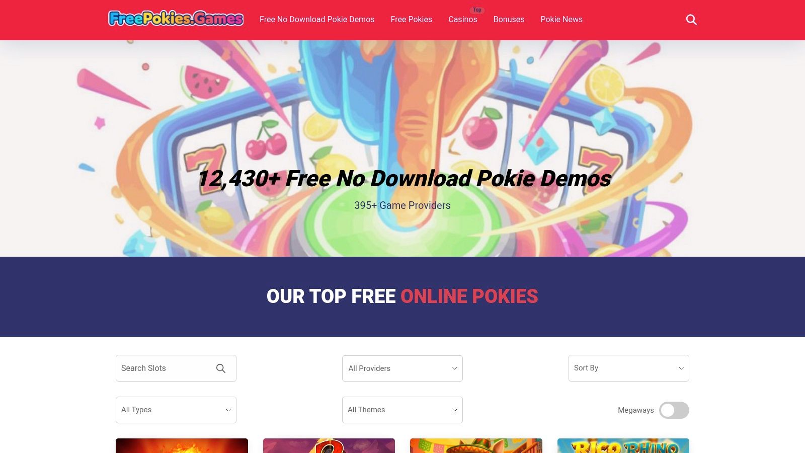 A screenshot of the Free Pokies Games website showing various pokie game tiles.