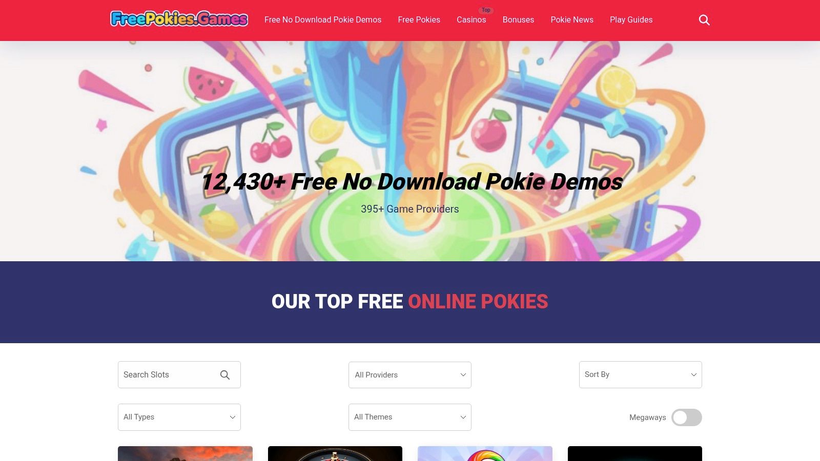 A screenshot of the Free Pokies Games website showing a selection of popular pokie game tiles available for instant play.
