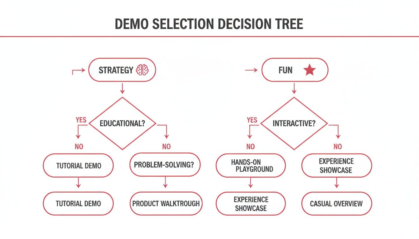 A demo selection decision tree showing paths for strategy-based (educational, problem-solving) and fun-based (interactive) demos.