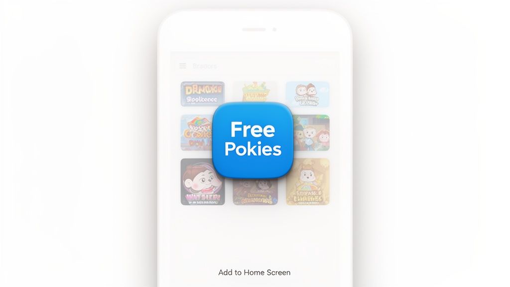 Smartphone screen displaying multiple game icons, highlighting a blue 'Free Pokies' app with 'Add to Home Screen' text.