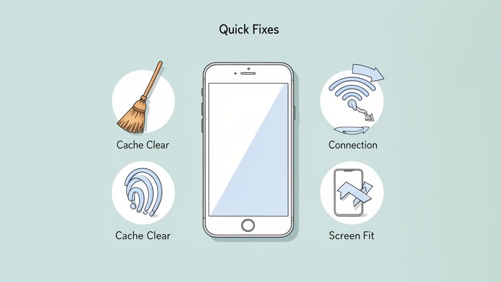 An illustration of smartphone quick fixes, showing icons for cache clear, connection, and screen fit.