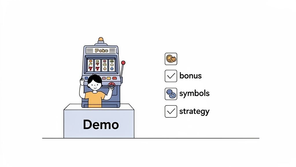 A smiling person plays a slot machine marked 'Demo', next to a checklist with 'bonus' and 'strategy' checked.