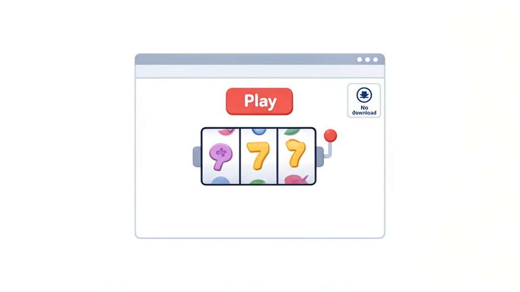 A browser window displaying a vibrant slot machine game with 'Play' button and 'No download' text.