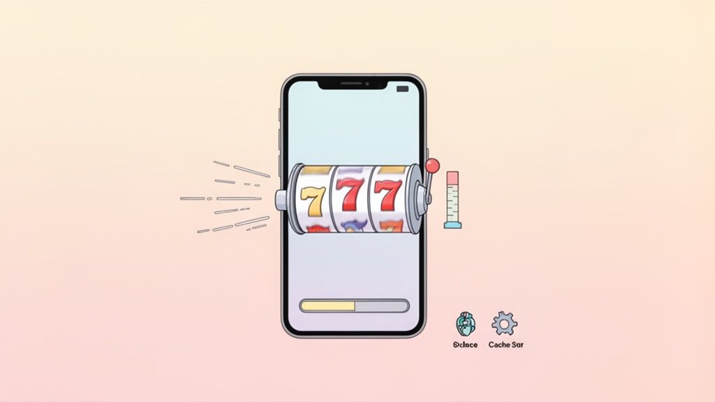 A smartphone screen displaying a slot machine game with three winning sevens and a progress bar.