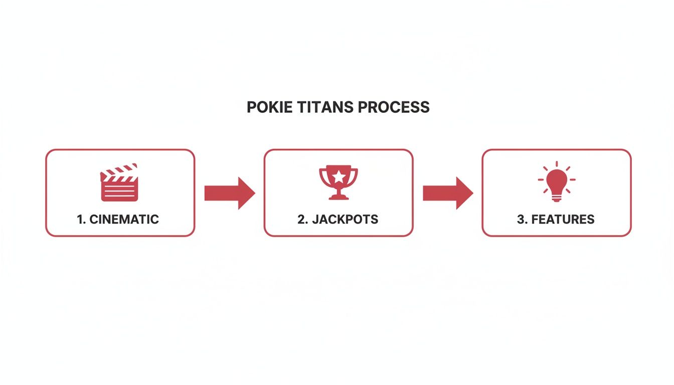 Pokie Titans process diagram illustrating three steps: Cinematic, Jackpots, and Features, with icons.