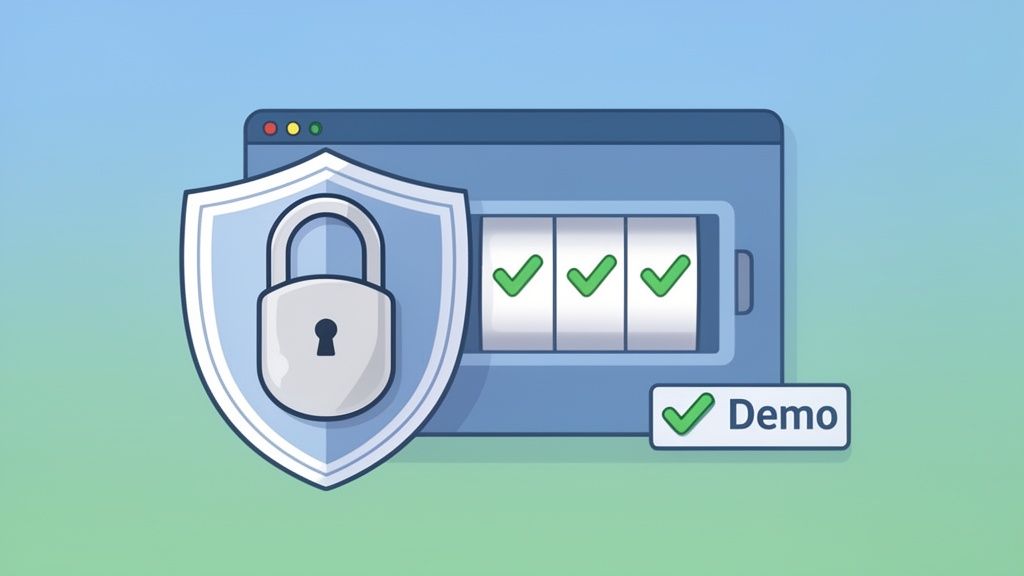 A shield with a padlock protects a browser window showing three successful checkmarks and a 'Demo' complete label.