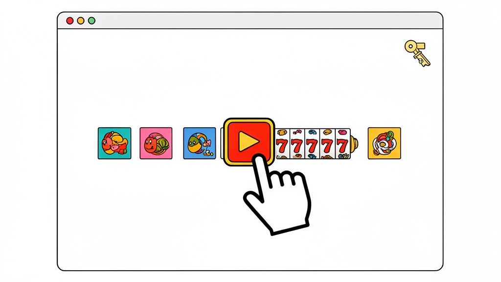 A hand cursor points to a red play button within a white browser window displaying various game icons and a slot machine.