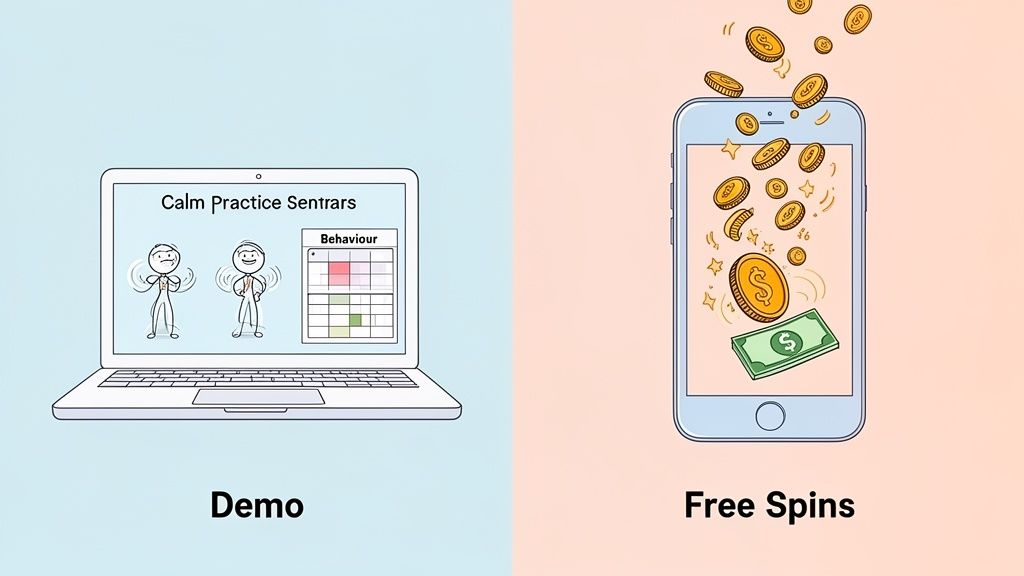 Side-by-side comparison of a calm practice demo on a laptop and free spins on a smartphone.
