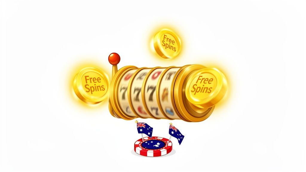 A golden slot machine with '777' reels, surrounded by 'Free Spins' coins, and Australian flags on a casino chip.