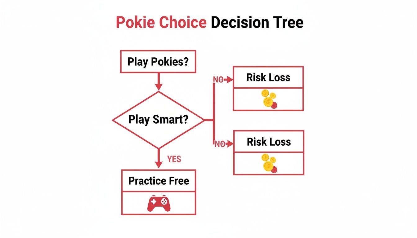 A decision tree flowchart titled 'Pokie Choice Decision Tree' showing paths for smart play versus risk of loss.
