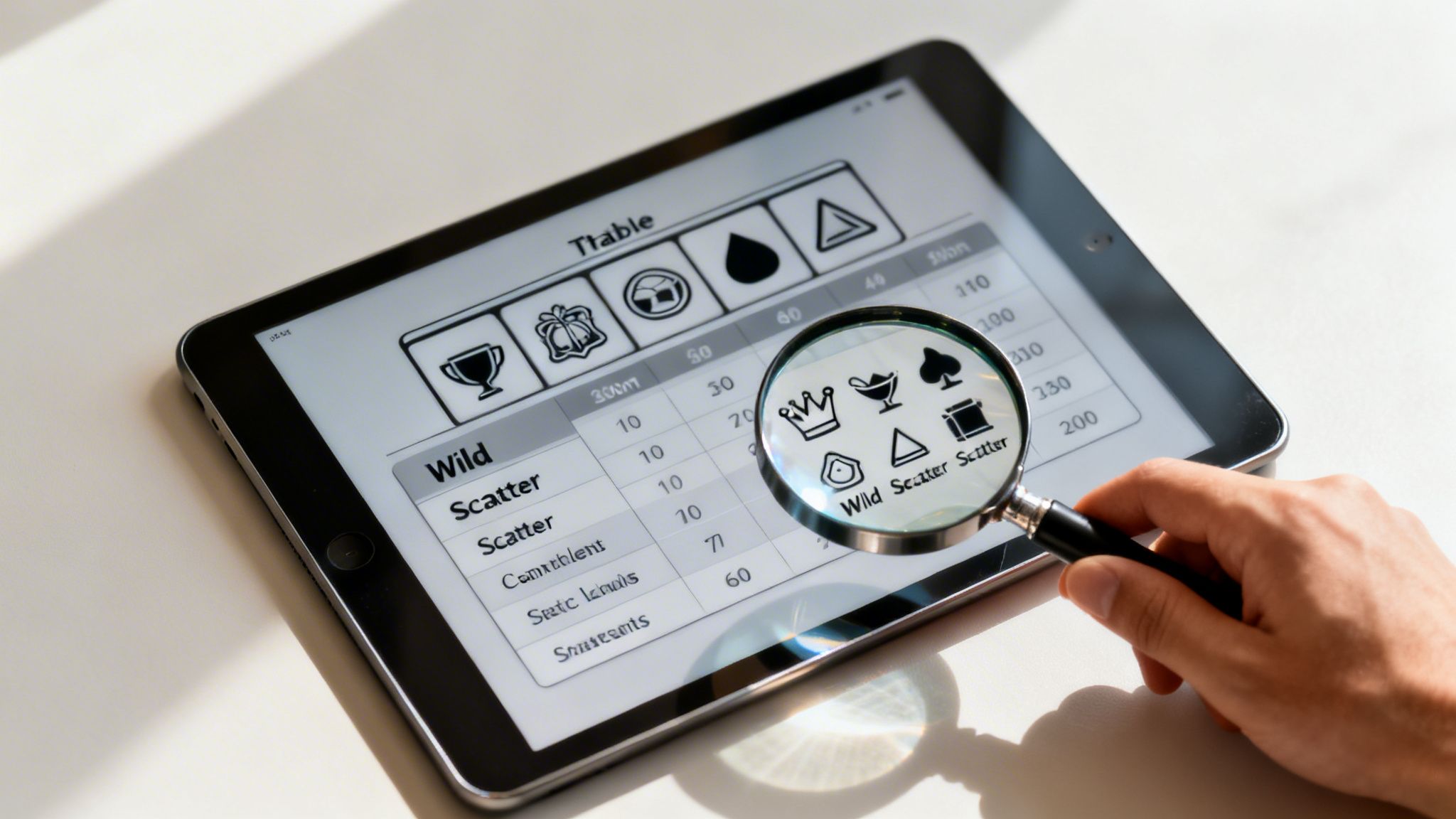 A hand holds a magnifying glass examining a digital paytable on a tablet with game symbols and numbers.