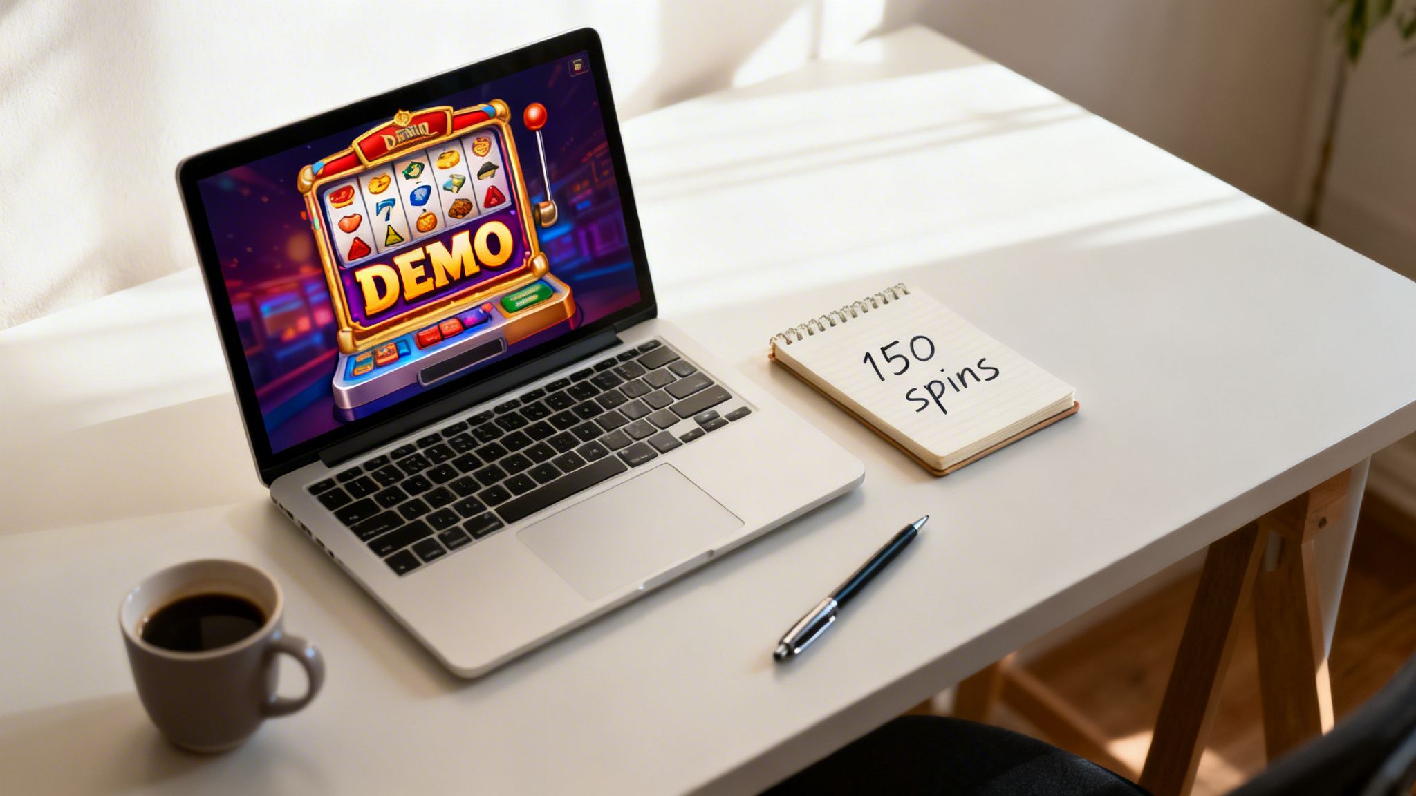 A laptop on a desk showing a slot machine game, a notebook with 150 spins, and a coffee cup.