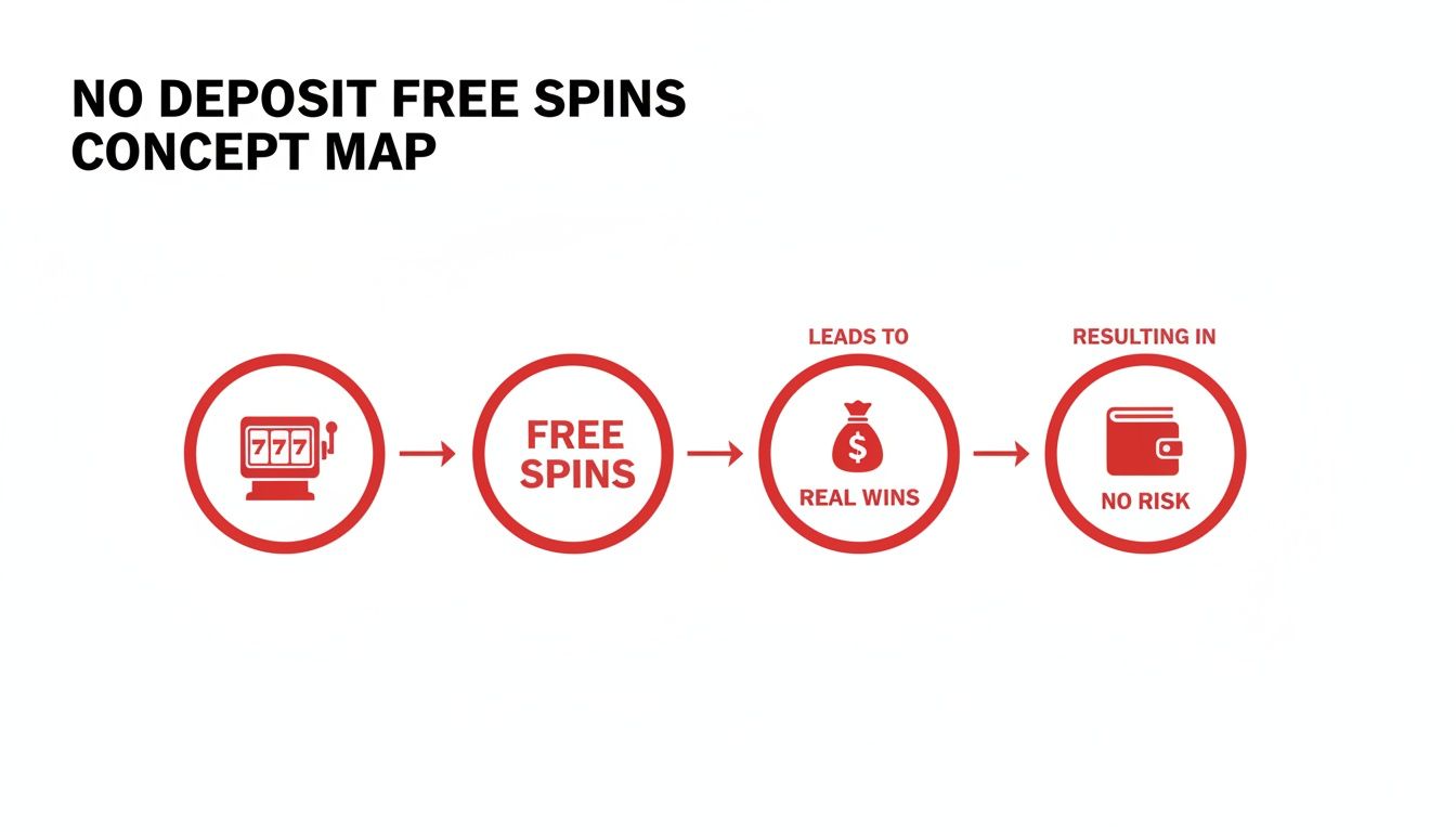 Concept map illustrating the benefits and flow of no deposit free spins to real wins with no risk.