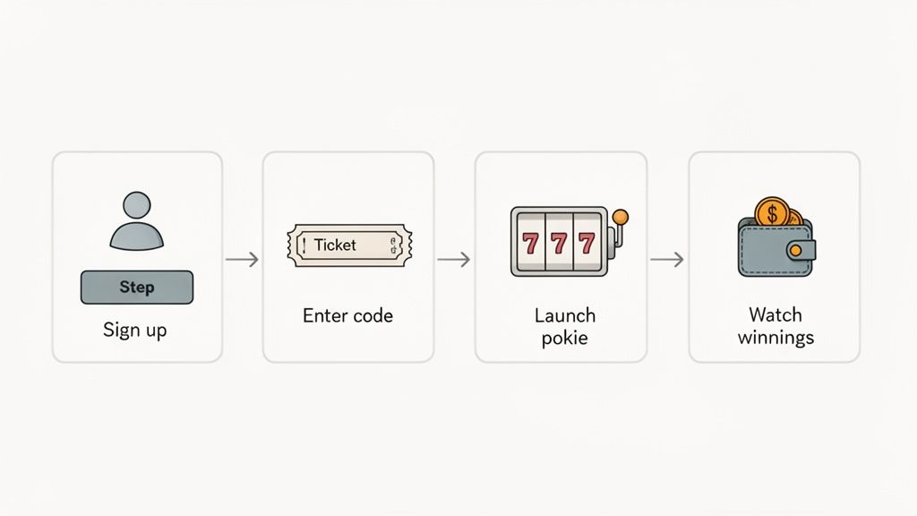 A four-step process for online gaming: sign up, enter code, launch pokie, and watch winnings.