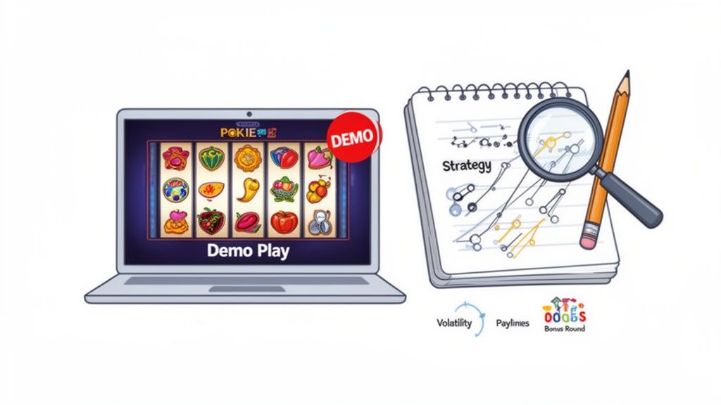 Laptop displaying a slot machine game in demo mode, next to a strategy notebook with a magnifying glass and pencil, highlighting game features.