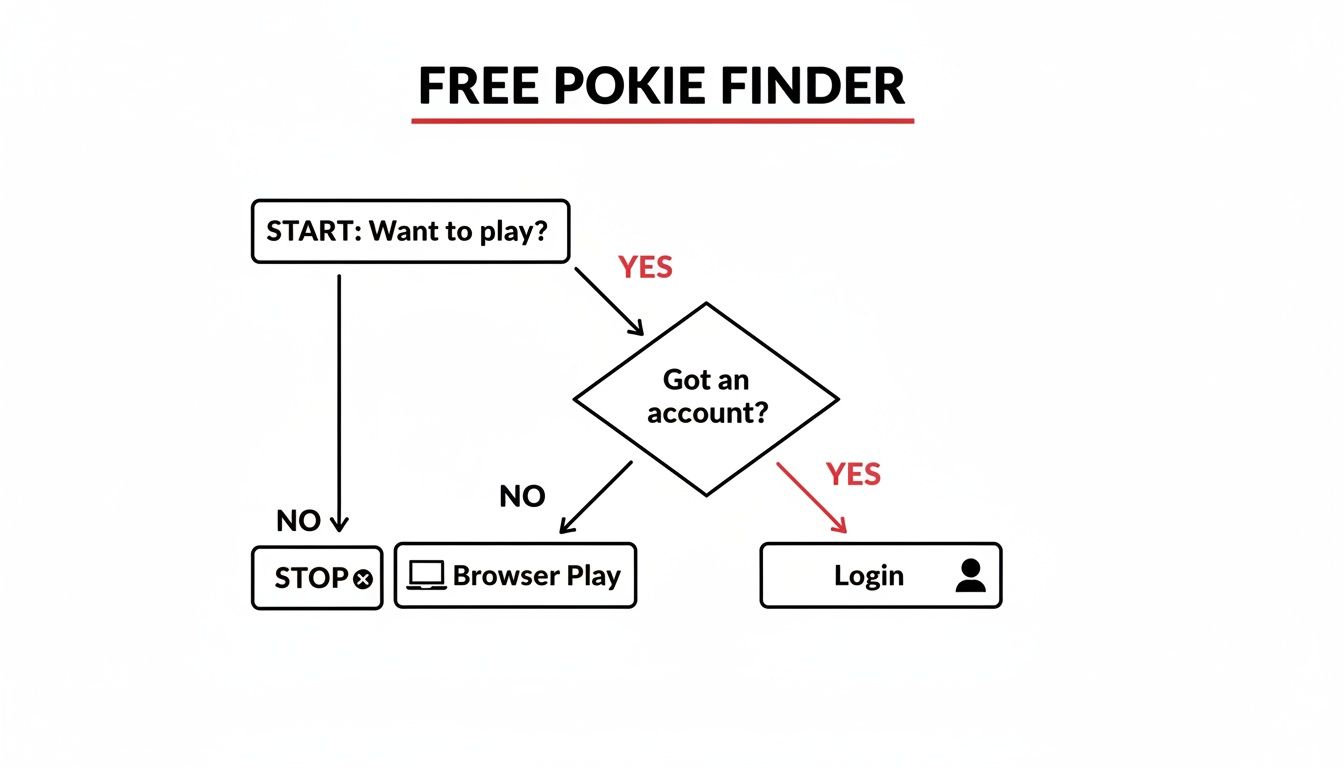 Flowchart detailing the steps to play free pokies, including account check and login.