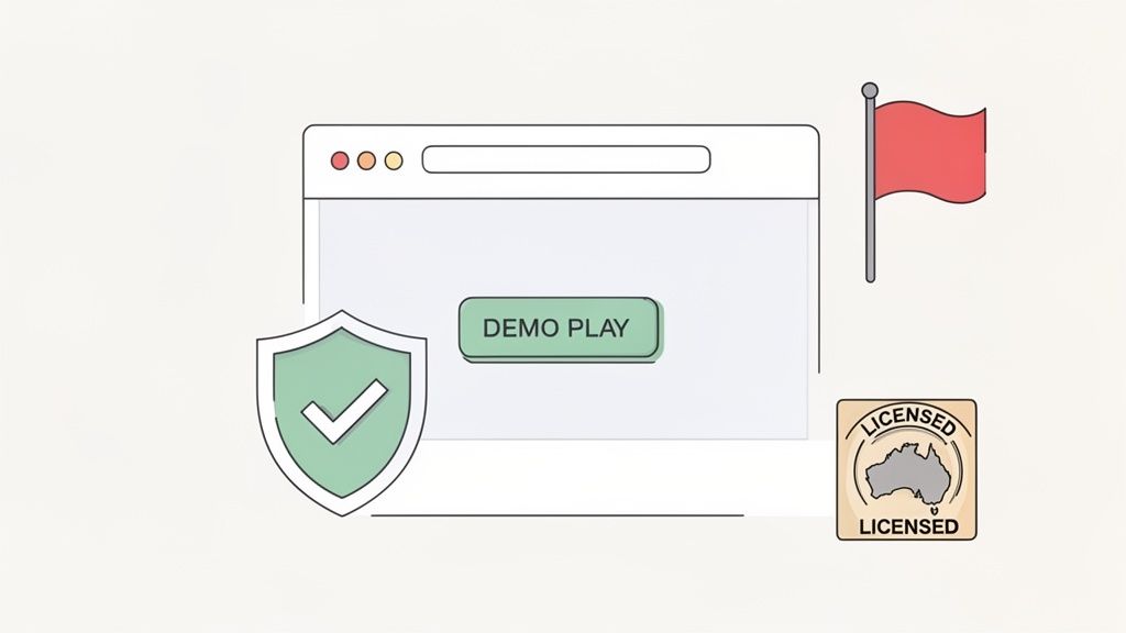 An illustration showing a browser with a 'Demo Play' button, a shield, a red flag, and an Australian licensed badge.