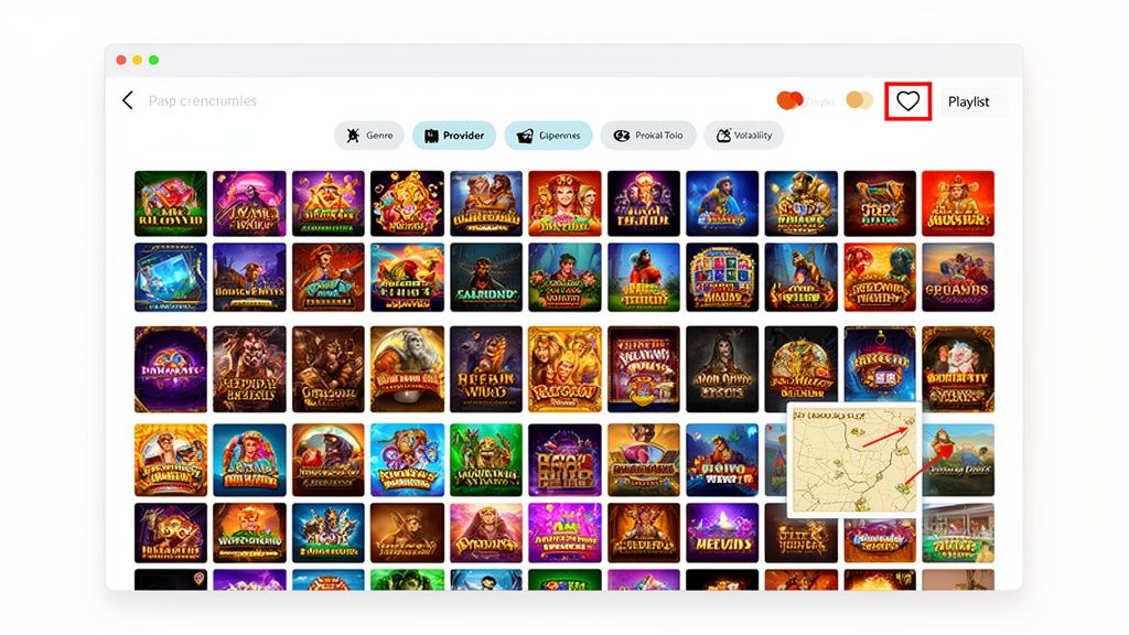A web interface showcasing a grid of various slot game thumbnails with filters and a playlist button.