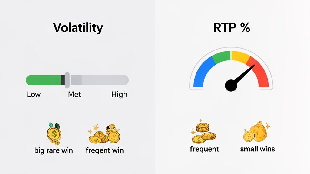 Infographic comparing game volatility (low for big rare wins) and RTP percentage (high for small wins).