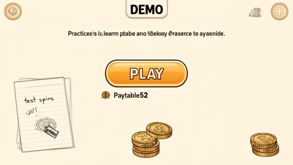 A game demo screen with a large 'PLAY' button, 'Paytable52', and stacks of gold coins.