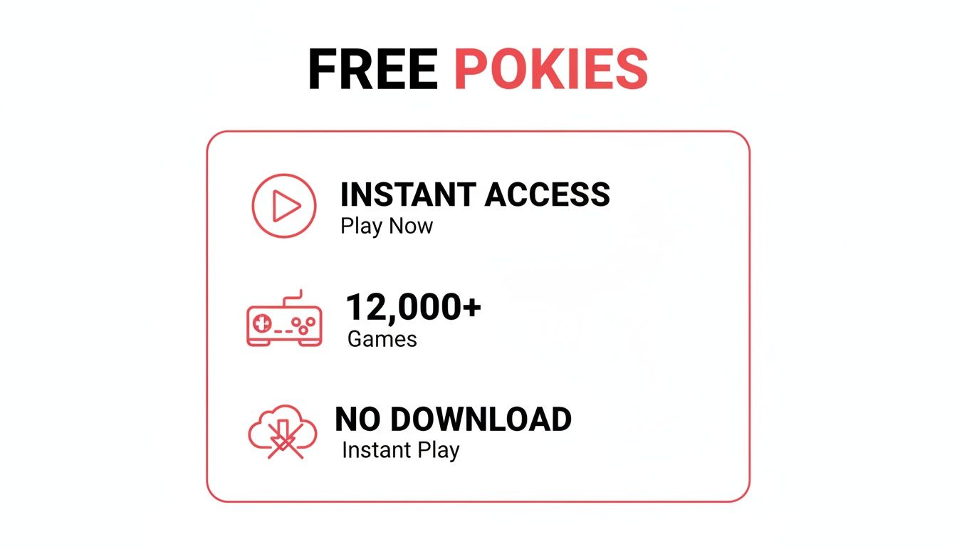 An image promoting free online pokies with instant access, over 12,000 games, and no download required.