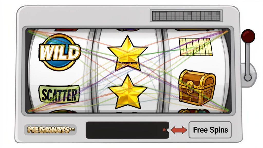 A colorful slot machine with golden stars, WILD, SCATTER, treasure chest, and grid symbols on its reels.