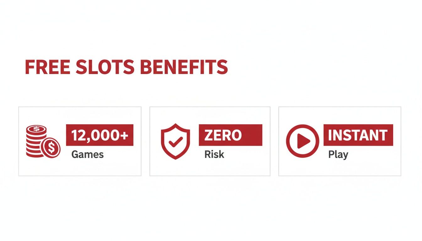 An image detailing free slots benefits including over 12,000 games, zero risk, and instant play.