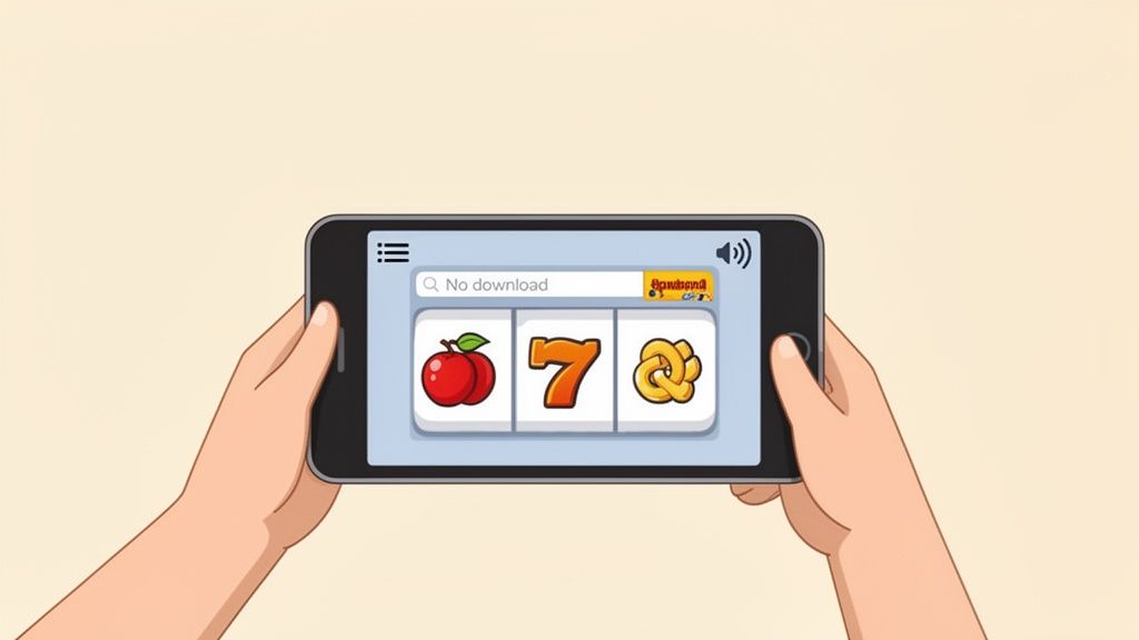 Hands hold a smartphone horizontally, displaying a mobile slot machine game with apple, 7, and golden knot symbols.