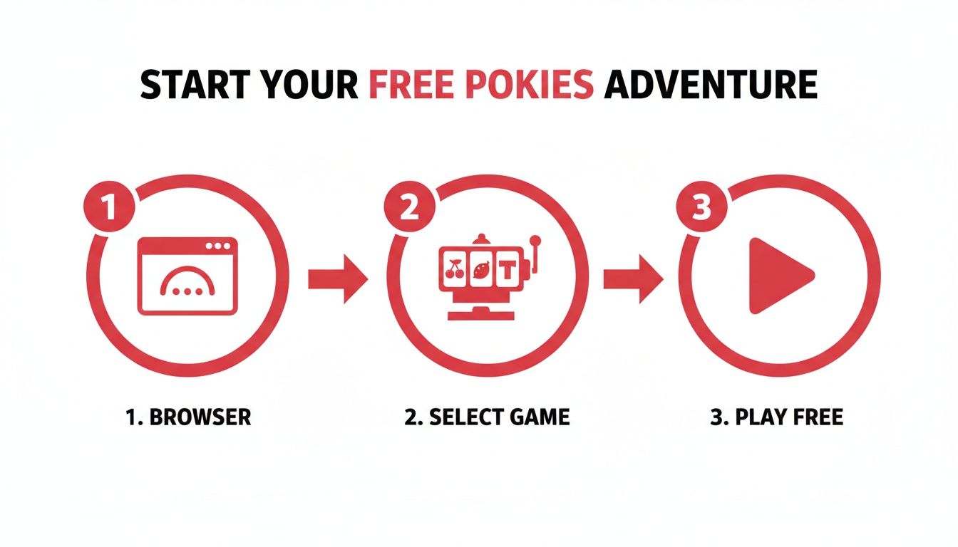 A three-step infographic demonstrating how to start your free pokies adventure, featuring browser, select game, and play free.