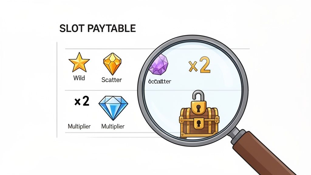 A slot paytable displaying game symbols like Wild, Scatter, Multiplier, and a treasure chest.