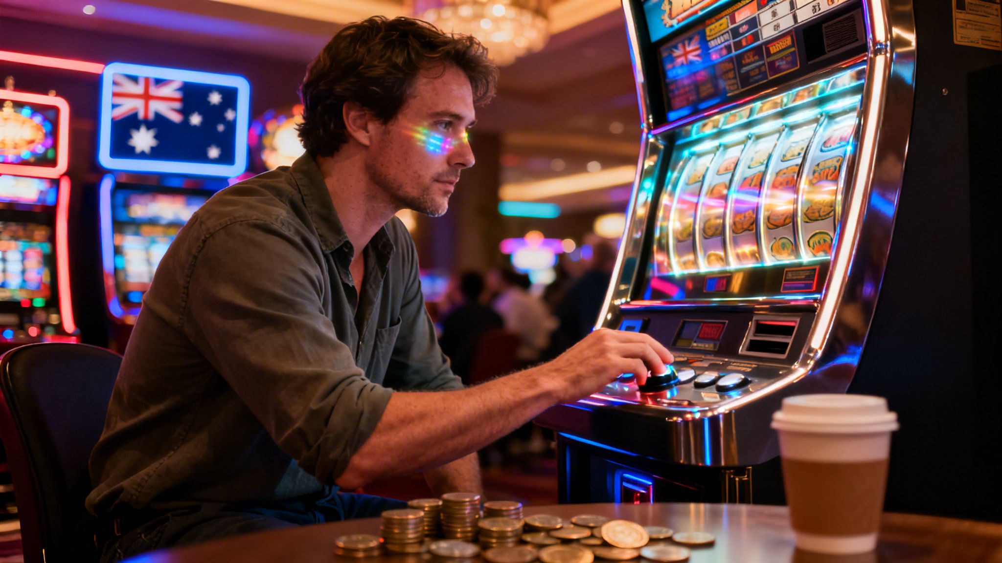 A man concentrates while playing a bright slot machine in a vibrant casino, with coins and coffee nearby.