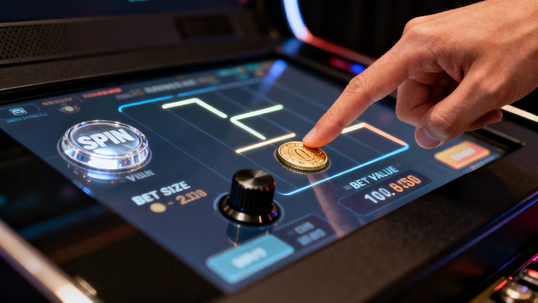 A person's hand interacts with a digital slot machine screen, placing a golden coin.
