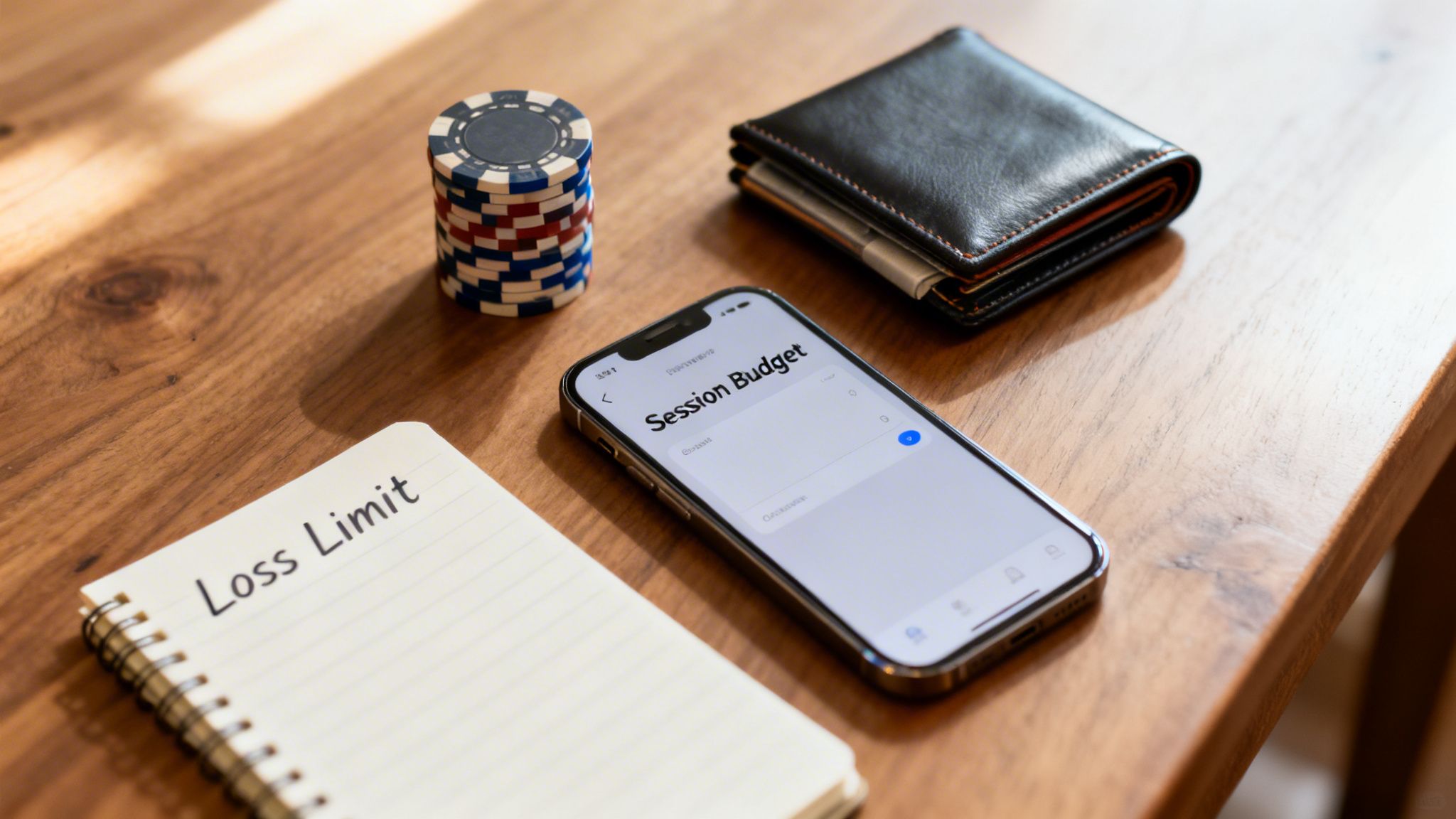A smartphone showing 'Session Budget', a notebook with 'Loss Limit', poker chips, and a wallet on a wooden table.