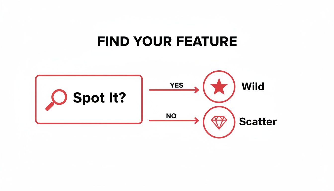 Flowchart titled 'Find Your Feature' with 'Spot It?' leading to 'Wild' or 'Scatter'.