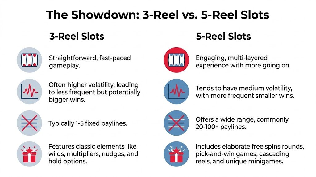 A comparison infographic showing the key differences and features between 3-reel and 5-reel slot machines.
