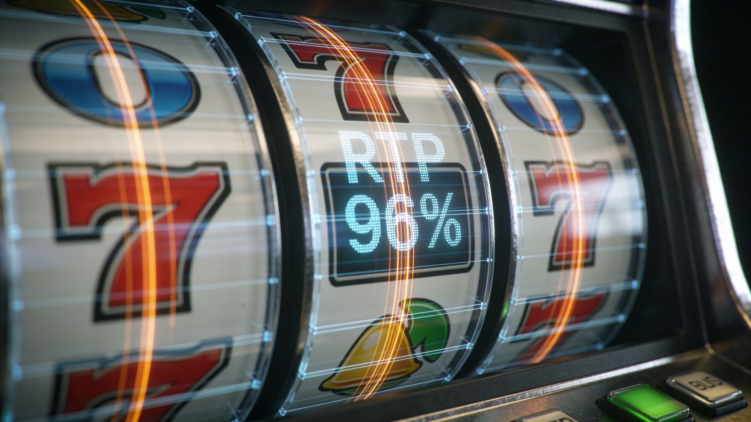 A close-up view of a three-reel digital slot machine displaying a 96% return to player percentage.