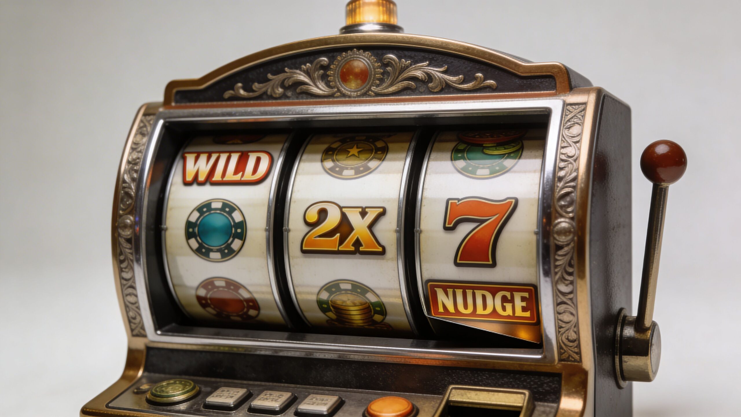 A close-up of a vintage-style slot machine with three reels showing wild, 2x multiplier, and nudge symbols.