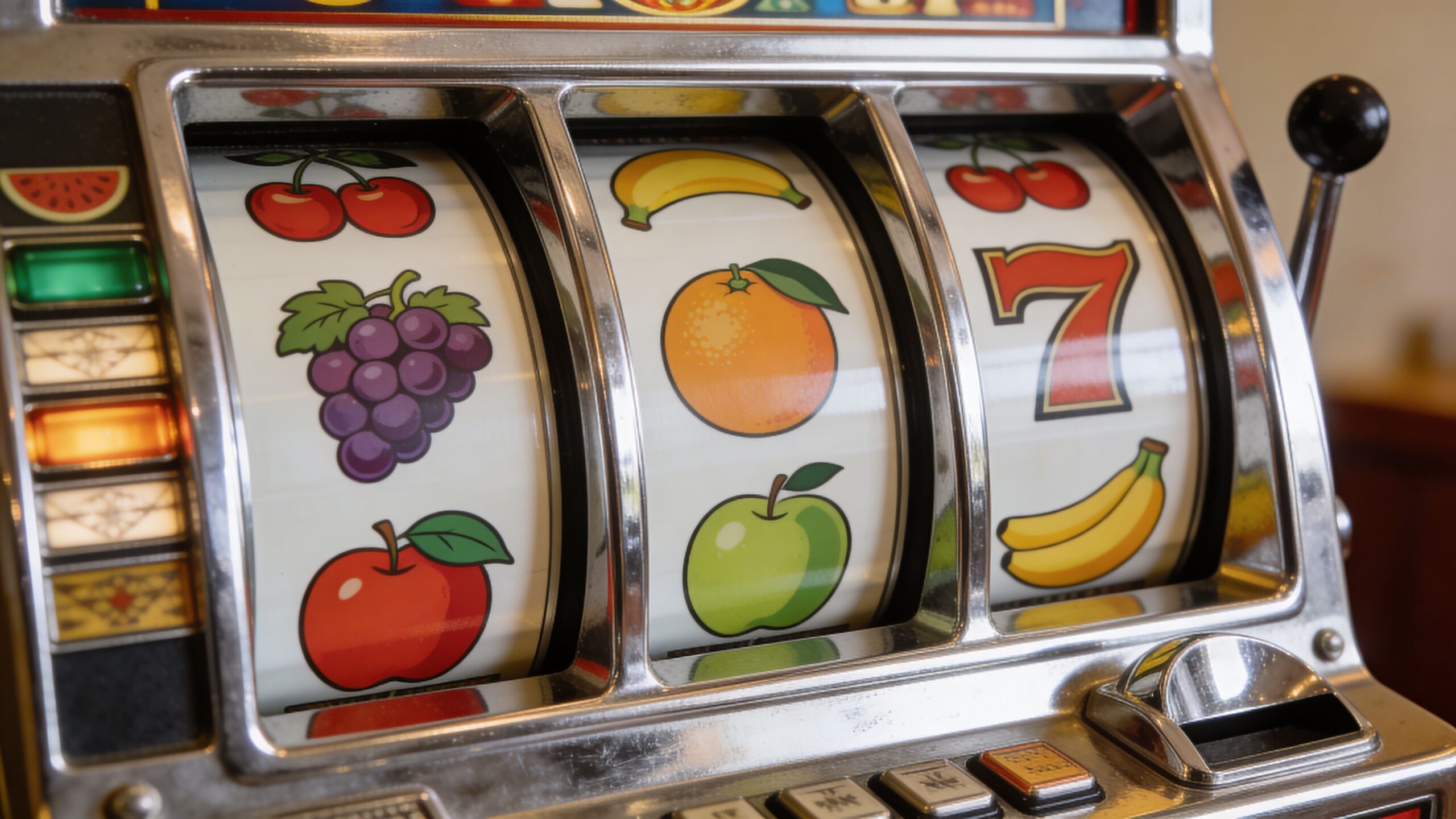 A close-up view of a traditional vintage slot machine featuring fruit symbols and the number seven.