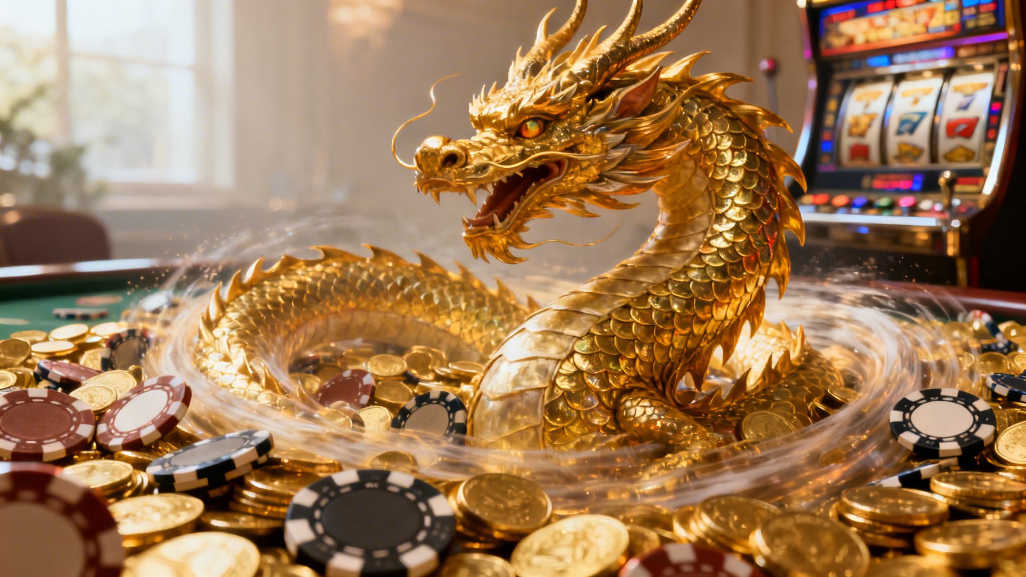 A majestic gold dragon perched on a pile of gold coins and casino chips in a casino.