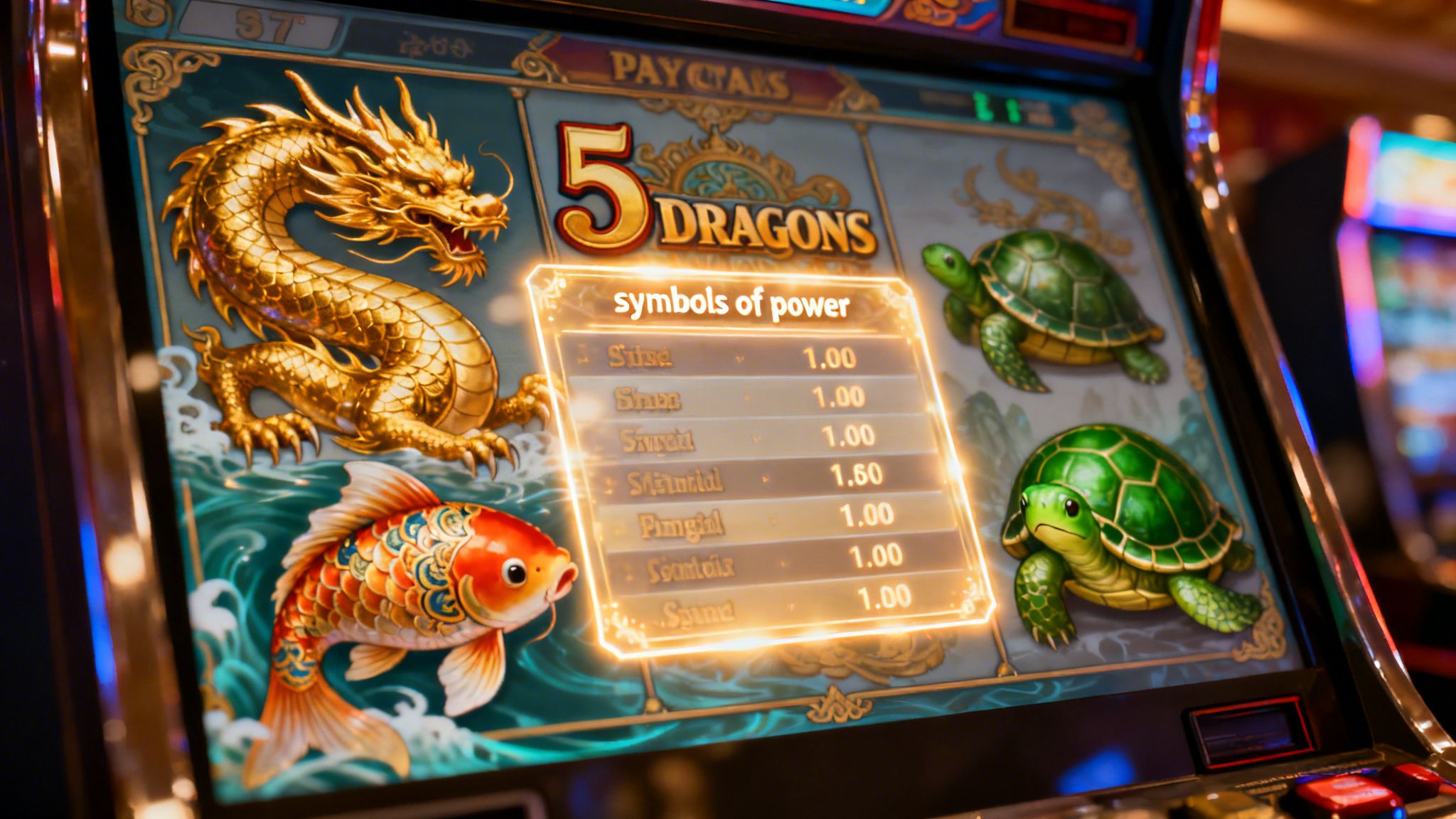 A close-up view of a 5 Dragons slot machine screen displaying game paytable and symbols.