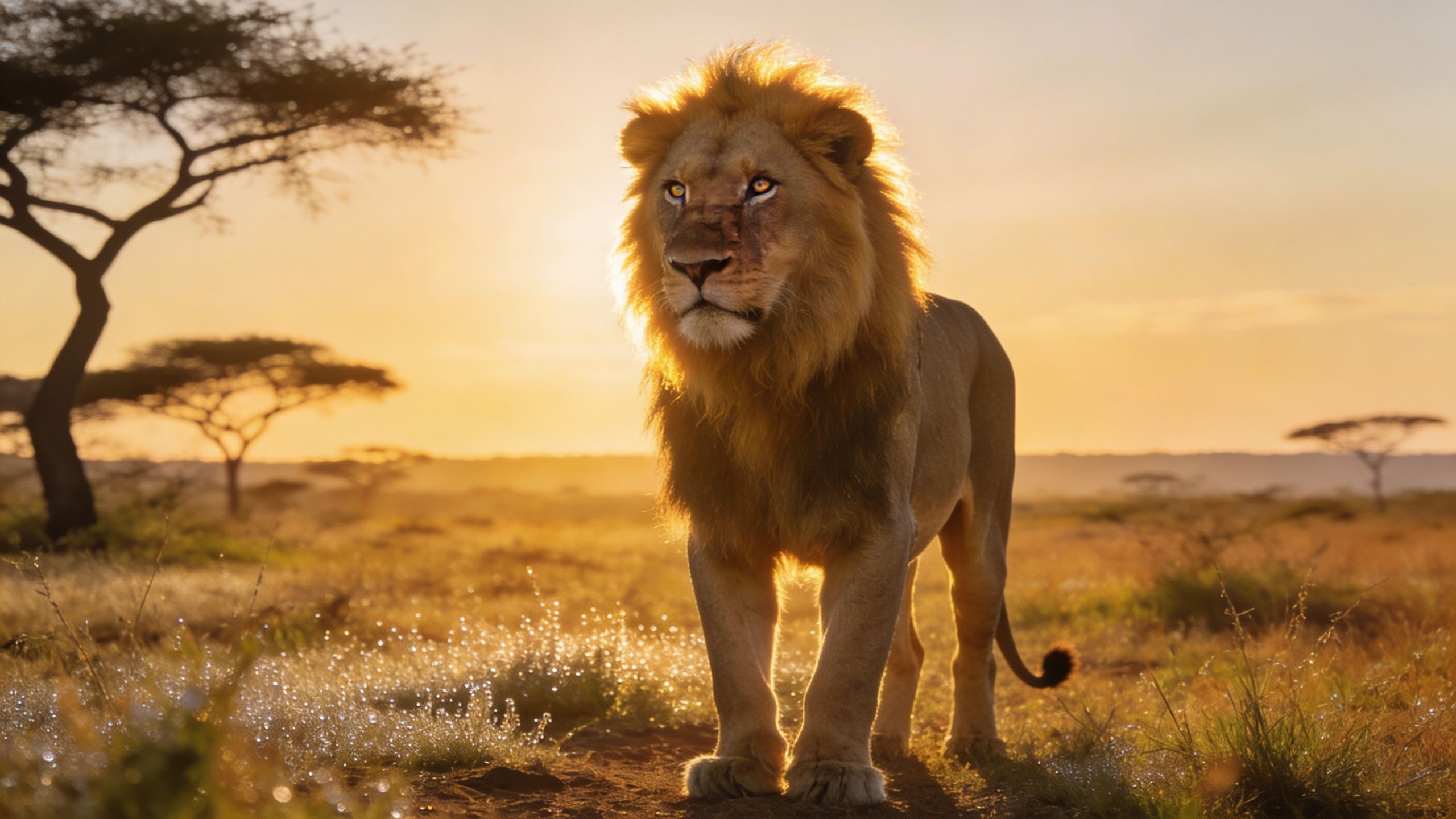 A majestic lion standing in the African savanna at sunrise with golden sunlight illuminating its mane.
