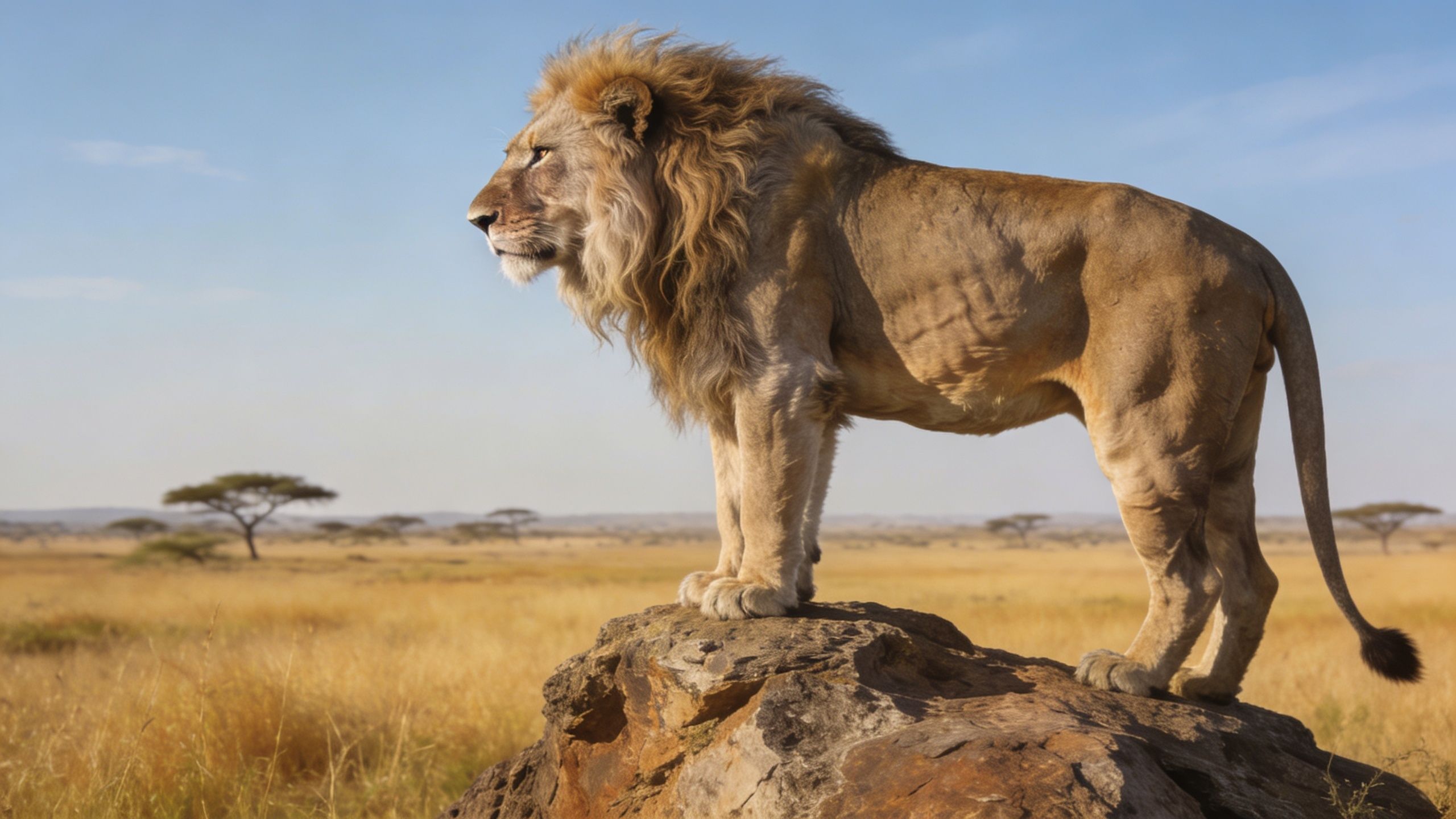 A majestic male lion with a full mane standing proudly on a large rock in the savanna.