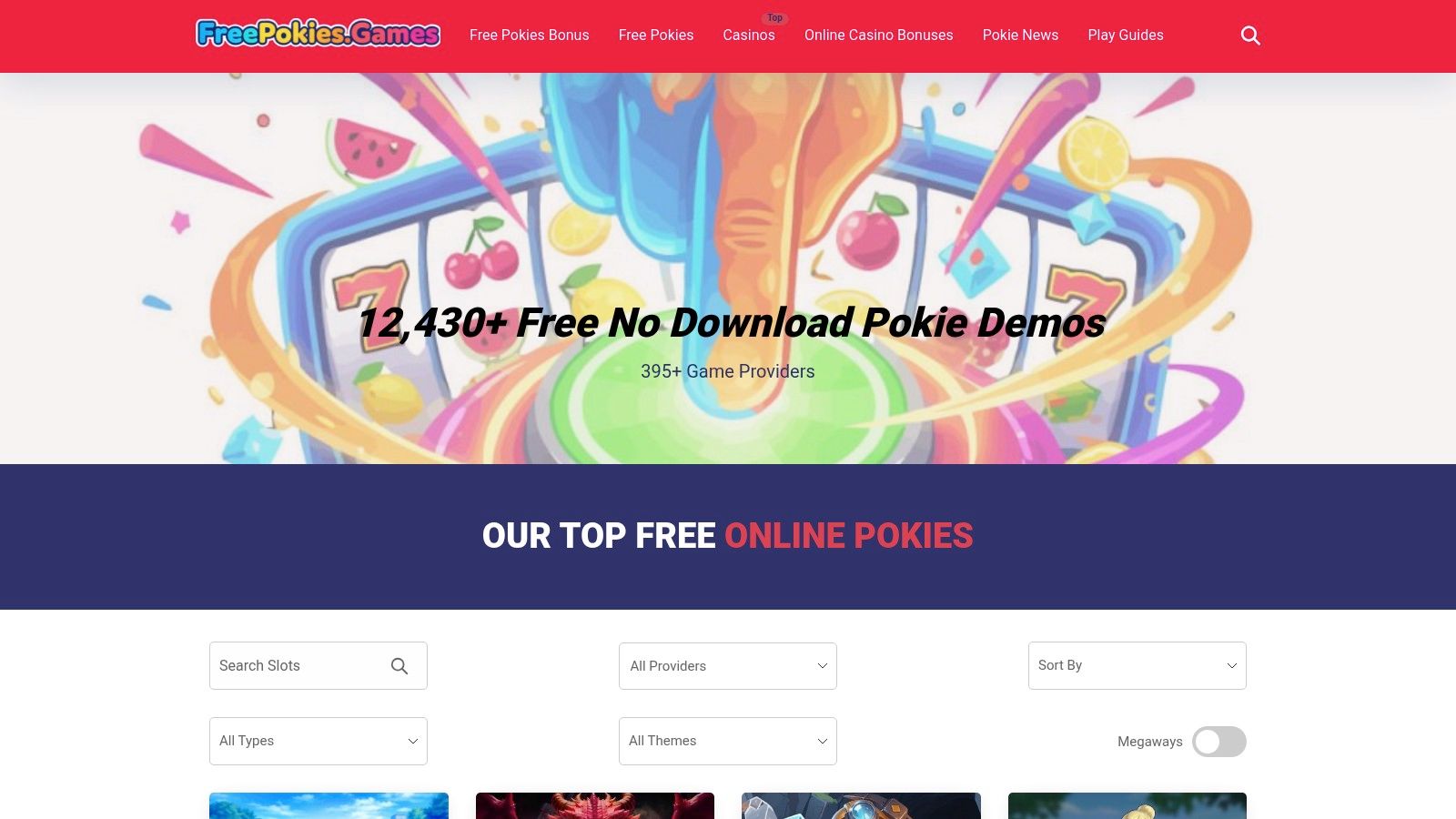 A screenshot of the Free Pokies Games website showing a list of online casinos with their welcome bonus offers, focusing on free spins and pokie-relevant terms.