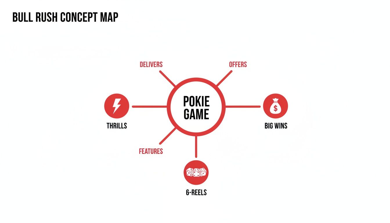 A Bull Rush Pokie Game concept map illustrating features, thrills, big wins, and 6-reels.