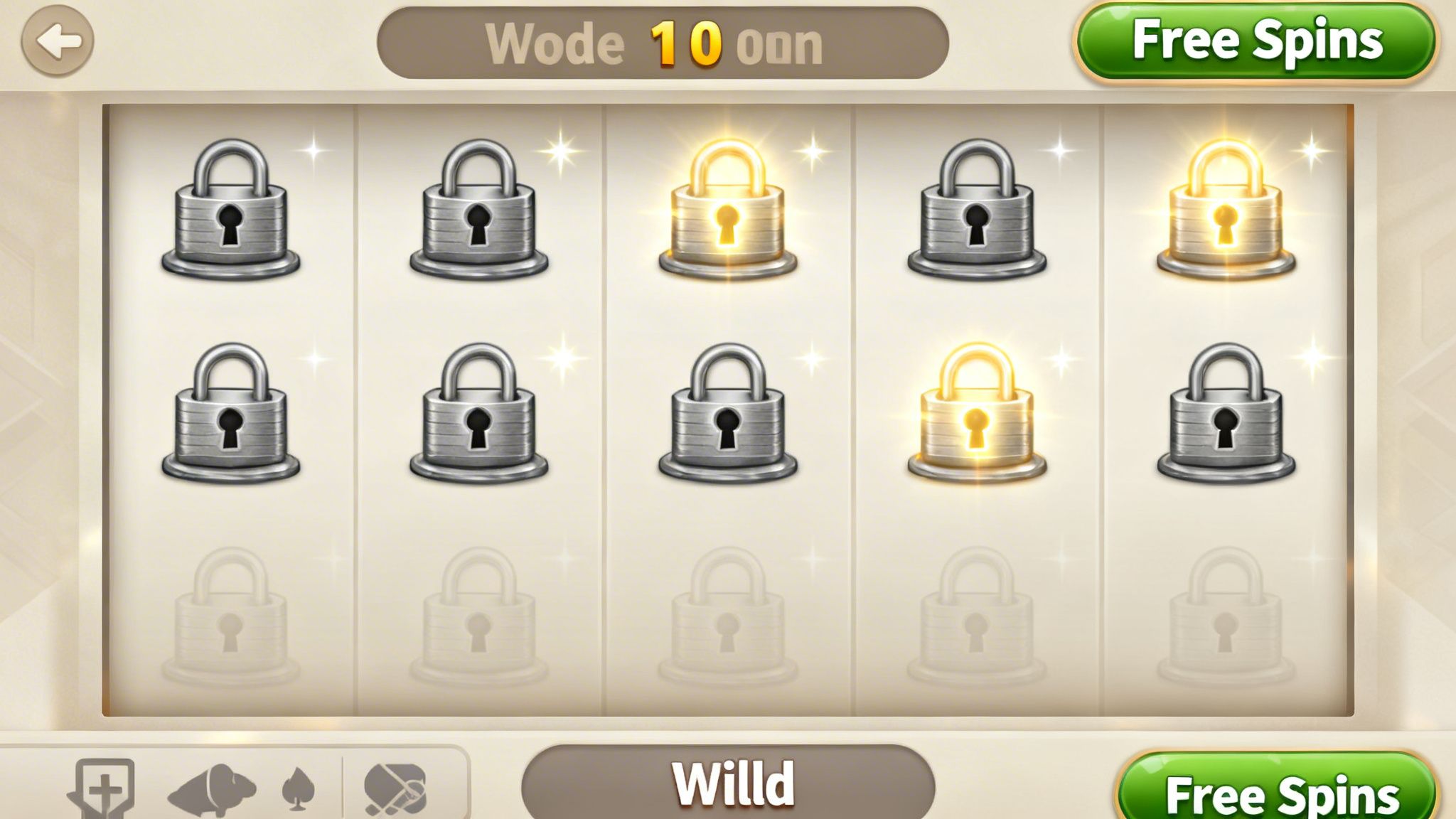 A screenshot of a slot machine game displaying a grid of ten padlock symbols, some glowing.